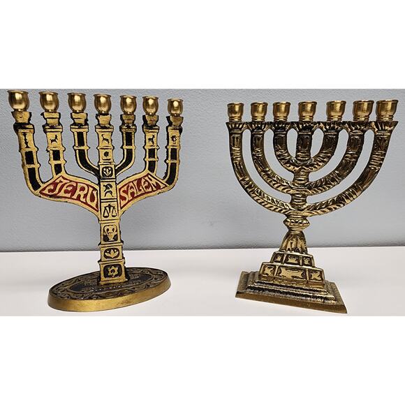 2 Vintage Brass Mini Menorahs 7-Candle SHALOM JERUSALEM Judaica Decor - Picture 2 of 15